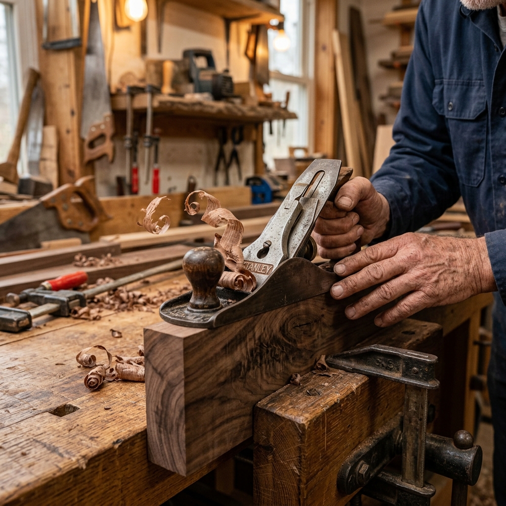 Craftsman planning wood in Viking Wood workshop